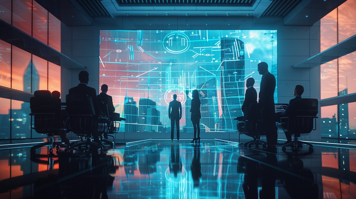 Silhouetted figures in a corporate meeting room with a digital display of futuristic graphics and city skyline.