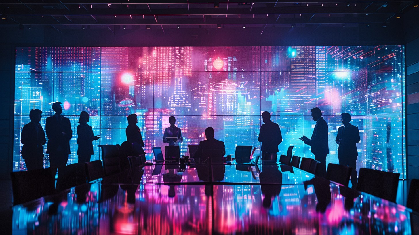Silhouettes of business professionals in a conference room with a digital cityscape backdrop.